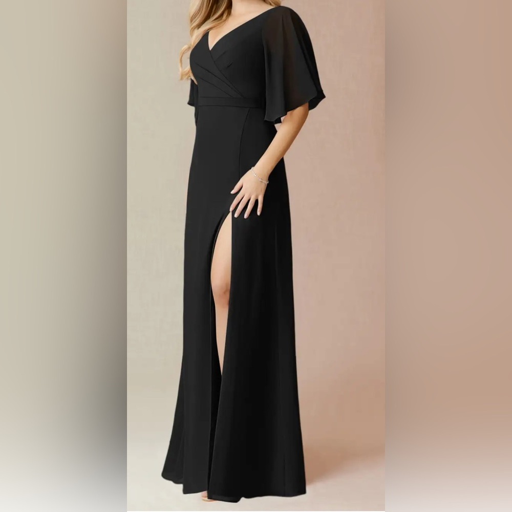 Azazie Black V-Neck Flutter-Sleeve Wedding Gown with High Slit